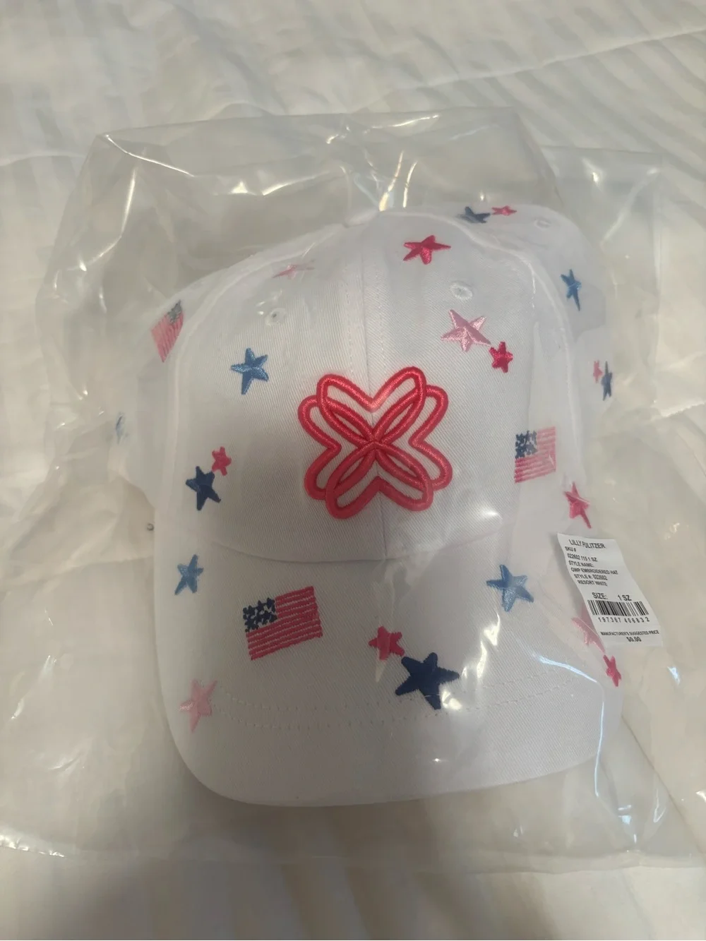 Lilly Pulitzer White Baseball Cap with Pink & Blue Star & Flag Embroidery